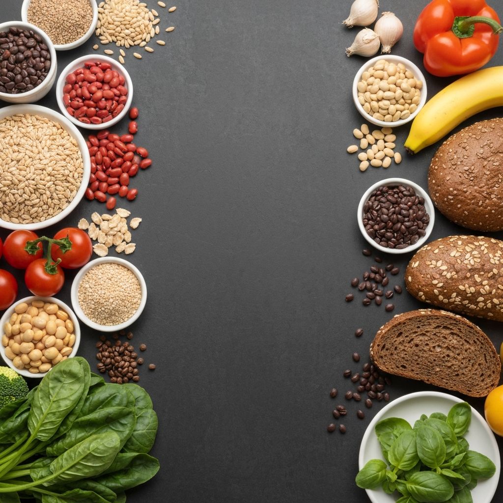 High fiber foods including whole grains, vegetables and legumes