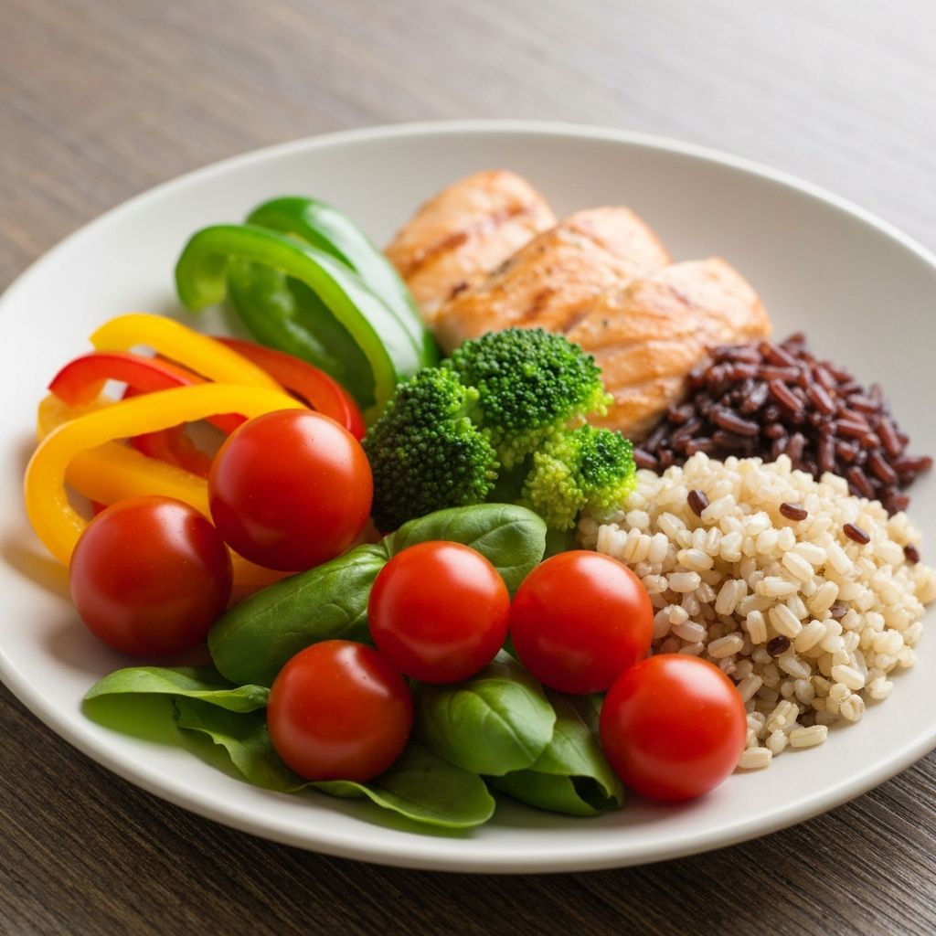 Balanced nutritious meal with vegetables and whole grains